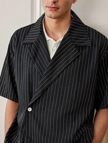 Officeau GloMan 男士夏季條紋寬鬆短袖休閒襯衫，適合日常、度假、辦公休閒穿著、海灘旅行，白色襯衫，送給父親/丈夫 - 黑色 - 查看 7