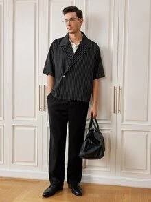 Officeau GloMan 男士夏季條紋寬鬆短袖休閒襯衫，適合日常、度假、辦公休閒穿著、海灘旅行，白色襯衫，送給父親/丈夫 - 黑色 - 查看 3