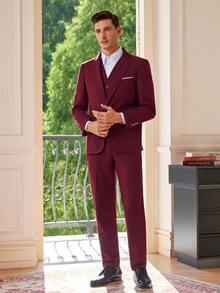 Officeau Men's Fashion New Solid Color Slim Fit Stretch 3 PiecesSuit Set, Including Blazer, Vest, And Pants, Business Work Formal Wear - Burgundy - View 3