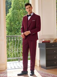 Officeau Men's Fashion New Solid Color Slim Fit Stretch 3 PiecesSuit Set, Including Blazer, Vest, And Pants, Business Work Formal Wear - Burgundy - View 4