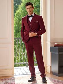 Officeau Men's Fashion New Solid Color Slim Fit Stretch 3 PiecesSuit Set, Including Blazer, Vest, And Pants, Business Work Formal Wear - Burgundy - View 1