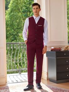 Officeau Men's Fashion New Solid Color Slim Fit Stretch 3 PiecesSuit Set, Including Blazer, Vest, And Pants, Business Work Formal Wear - Burgundy - View 5