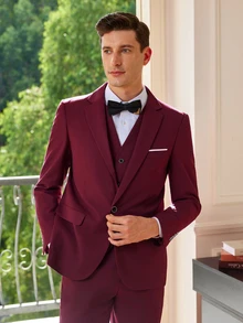 Officeau Men's Fashion New Solid Color Slim Fit Stretch 3 PiecesSuit Set, Including Blazer, Vest, And Pants, Business Work Formal Wear - Burgundy - View 6