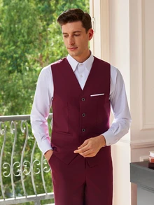 Officeau Men's Fashion New Solid Color Slim Fit Stretch 3 PiecesSuit Set, Including Blazer, Vest, And Pants, Business Work Formal Wear - Burgundy - View 7