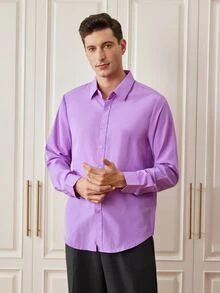Officeau Men's Solid Color Regular Fit Long Sleeve Single-Breasted Formal Dress Shirt - Lilac Purple - View 6