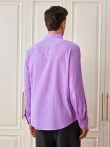 Officeau Men's Solid Color Regular Fit Long Sleeve Single-Breasted Formal Dress Shirt - Lilac Purple - View 3