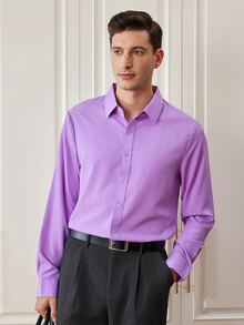 Officeau Men's Solid Color Regular Fit Long Sleeve Single-Breasted Formal Dress Shirt - Lilac Purple - View 2