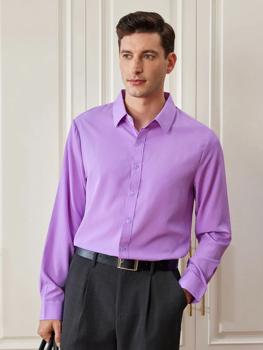 Officeau Men's Solid Color Regular Fit Long Sleeve Single-Breasted Formal Dress Shirt