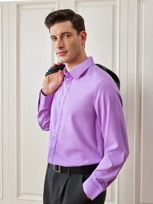 Officeau Men's Solid Color Regular Fit Long Sleeve Single-Breasted Formal Dress Shirt - Lilac Purple - View 5