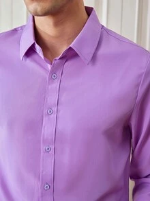 Officeau Men's Solid Color Regular Fit Long Sleeve Single-Breasted Formal Dress Shirt - Lilac Purple - View 7