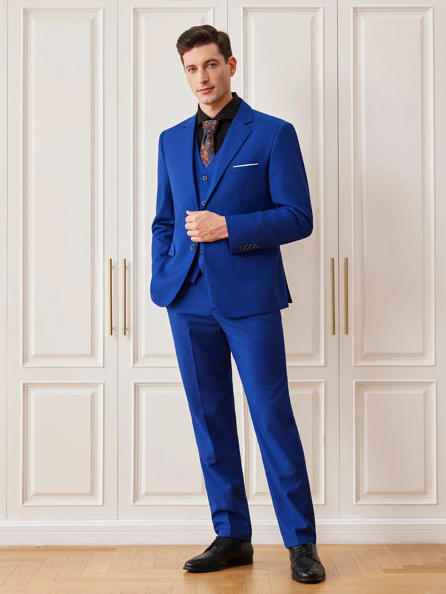 Officeau Men's 3 PiecesSuit Set Jacket, Trousers, Vest Fashion Formal Suit For Wedding And Party - Royal Blue - View 1