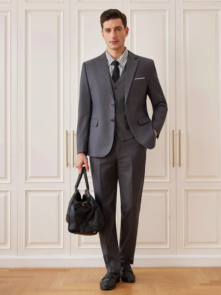 Officeau Men's 3 PiecesSuit Set, Blazer, Trousers, Vest, Fashionable Formal Suit For Wedding And Party - Dark Grey - View 1