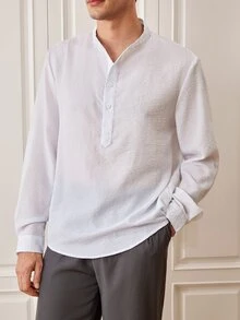 Officeau GloMan 男士半開領立領亞麻長袖襯衫，輕盈透氣寬鬆休閒，適合夏季度假、派對、辦公室日常穿著，送給男士的禮物 - 白色 - 查看 6