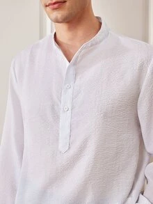 Officeau GloMan 男士半開領立領亞麻長袖襯衫，輕盈透氣寬鬆休閒，適合夏季度假、派對、辦公室日常穿著，送給男士的禮物 - 白色 - 查看 7