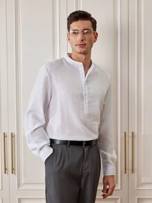 Officeau GloMan 男士半開領立領亞麻長袖襯衫，輕盈透氣寬鬆休閒，適合夏季度假、派對、辦公室日常穿著，送給男士的禮物 - 白色 - 查看 4