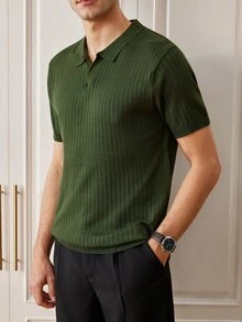 Officeau Men's Classic Ribbed Knit Polo Short Sleeve Shirt, Solid Color, Perfect For Summer Outings, Fashion Essential - Army Green - View 8