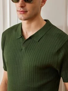 Officeau Men's Classic Ribbed Knit Polo Short Sleeve Shirt, Solid Color, Perfect For Summer Outings, Fashion Essential - Army Green - View 9