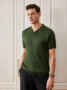 Officeau Men's Classic Ribbed Knit Polo Short Sleeve Shirt, Solid Color, Perfect For Summer Outings, Fashion Essential - Army Green - View 5
