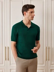 Officeau Men's Summer Classic Ribbed Collar Knit Solid Color Short Sleeve Polo Shirt, Suitable For Summer Outings, Fashionable Essential - Dark Green - View 7