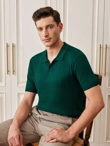 Officeau Men's Summer Classic Ribbed Collar Knit Solid Color Short Sleeve Polo Shirt, Suitable For Summer Outings, Fashionable Essential - Dark Green - View 2