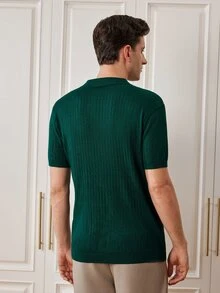 Officeau Men's Summer Classic Ribbed Collar Knit Solid Color Short Sleeve Polo Shirt, Suitable For Summer Outings, Fashionable Essential - Dark Green - View 3