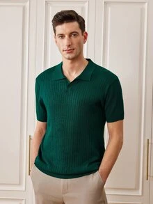 Officeau Men's Summer Classic Ribbed Collar Knit Solid Color Short Sleeve Polo Shirt, Suitable For Summer Outings, Fashionable Essential - Dark Green - View 6
