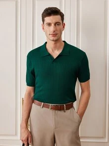 Officeau Men's Summer Classic Ribbed Collar Knit Solid Color Short Sleeve Polo Shirt, Suitable For Summer Outings, Fashionable Essential - Dark Green - View 5
