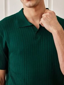 Officeau Men's Summer Classic Ribbed Collar Knit Solid Color Short Sleeve Polo Shirt, Suitable For Summer Outings, Fashionable Essential - Dark Green - View 8