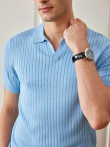 Officeau Men's Classic Ribbed Knit Polo Short Sleeve Shirt, Solid Color, Suitable For Summer Outings, Fashion Essential - Baby Blue - View 8