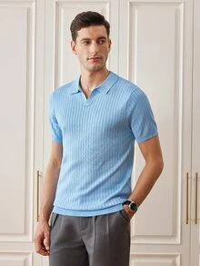 Officeau Men's Classic Ribbed Knit Polo Short Sleeve Shirt, Solid Color, Suitable For Summer Outings, Fashion Essential - Baby Blue - View 5