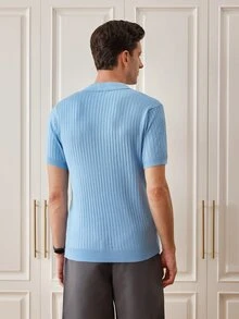 Officeau Men's Classic Ribbed Knit Polo Short Sleeve Shirt, Solid Color, Suitable For Summer Outings, Fashion Essential - Baby Blue - View 3