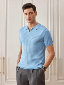 Officeau Men's Classic Ribbed Knit Polo Short Sleeve Shirt, Solid Color, Suitable For Summer Outings, Fashion Essential - Baby Blue - View 6