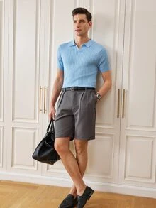 Officeau Men's Classic Ribbed Knit Polo Short Sleeve Shirt, Solid Color, Suitable For Summer Outings, Fashion Essential - Baby Blue - View 7
