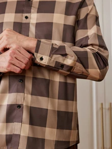 Officeau Men's Casual Daily Plaid Button-Front Long Sleeve Shirt - Brown - View 8