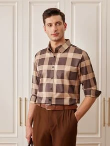Officeau Men's Casual Daily Plaid Button-Front Long Sleeve Shirt - Brown - View 4