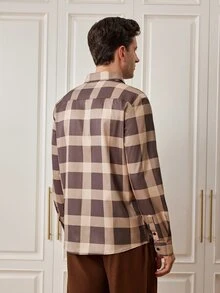 Officeau Men's Casual Daily Plaid Button-Front Long Sleeve Shirt - Brown - View 2