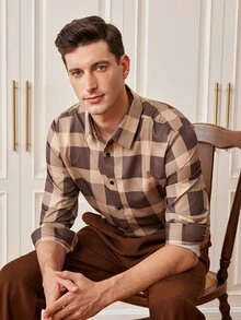 Officeau Men's Casual Daily Plaid Button-Front Long Sleeve Shirt - Brown - View 6
