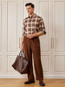 Officeau Men's Casual Daily Plaid Button-Front Long Sleeve Shirt - Brown - View 3