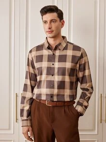 Officeau Men's Casual Daily Plaid Button-Front Long Sleeve Shirt - Brown - View 1