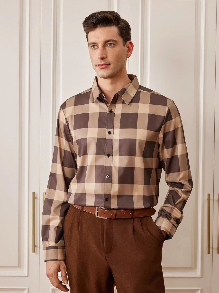 Officeau Men's Casual Daily Plaid Button-Front Long Sleeve Shirt - Brown - View 1