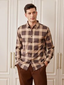Officeau Men's Casual Daily Plaid Button-Front Long Sleeve Shirt - Brown - View 5