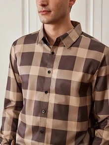 Officeau Men's Casual Daily Plaid Button-Front Long Sleeve Shirt - Brown - View 7