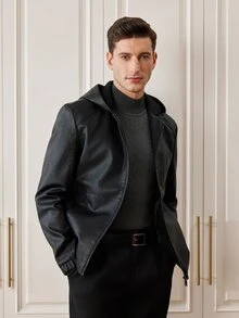 Officeau Men's Spring/Autumn Casual Retro Motorcycle Riding Hooded Jacket - Black - View 1
