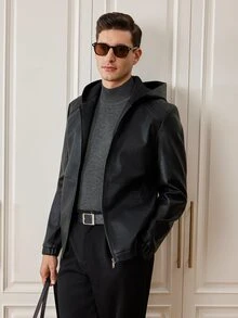 Officeau Men's Spring/Autumn Casual Retro Motorcycle Riding Hooded Jacket - Black - View 5
