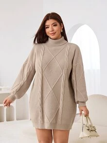 Solflare Plus Turtleneck Cable Knit Drop Shoulder Sweater Dress - Khaki - View 7