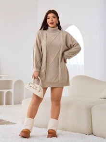 Solflare Plus Turtleneck Cable Knit Drop Shoulder Sweater Dress - Khaki - View 3