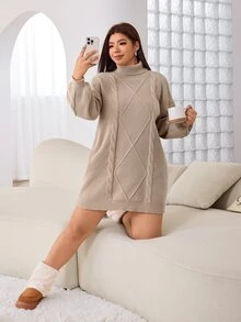 Solflare Plus Turtleneck Cable Knit Drop Shoulder Sweater Dress - Khaki - View 5