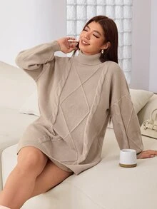 Solflare Plus Turtleneck Cable Knit Drop Shoulder Sweater Dress - Khaki - View 4