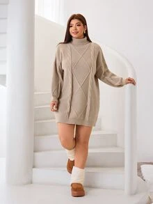 Solflare Plus Turtleneck Cable Knit Drop Shoulder Sweater Dress - Khaki - View 6