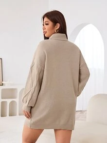 Solflare Plus Turtleneck Cable Knit Drop Shoulder Sweater Dress - Khaki - View 2